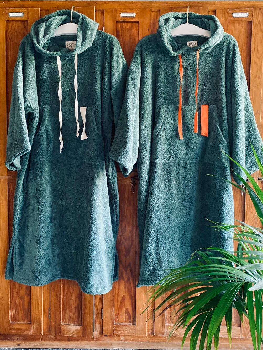 Two green hooded ponchos hanging on a wooden wardrobe with a plant in the foreground.